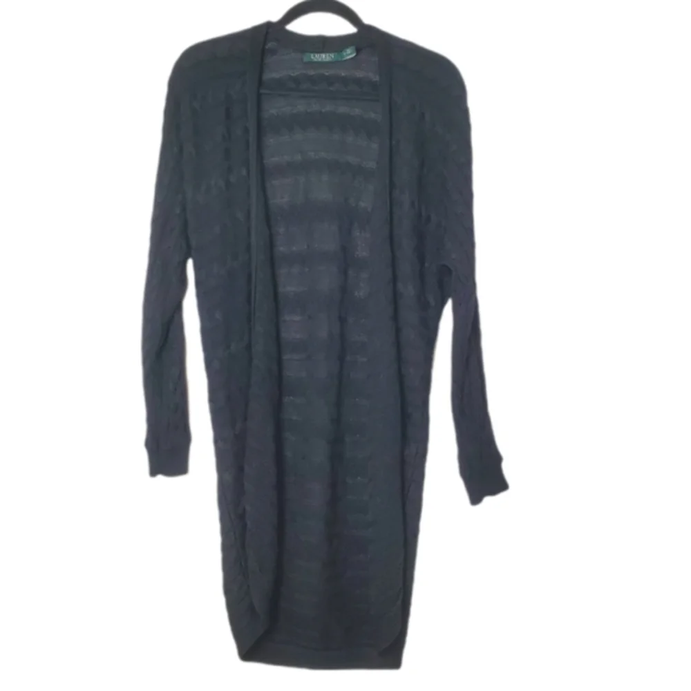Ralph Lauren‎ Women's Mid Length Black Cable Knit Open Front Cardigan Sweater